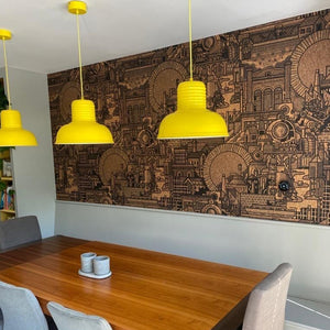 Open Plan dining kitchen featuring Hit the N north printed cork wallpaper