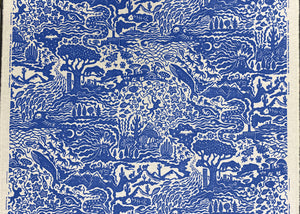 Blue and cream toile de joy style fabric full pattern repeat