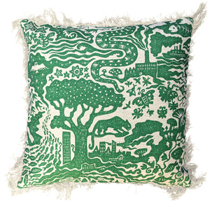 green toile de jouy style cushion with fringing