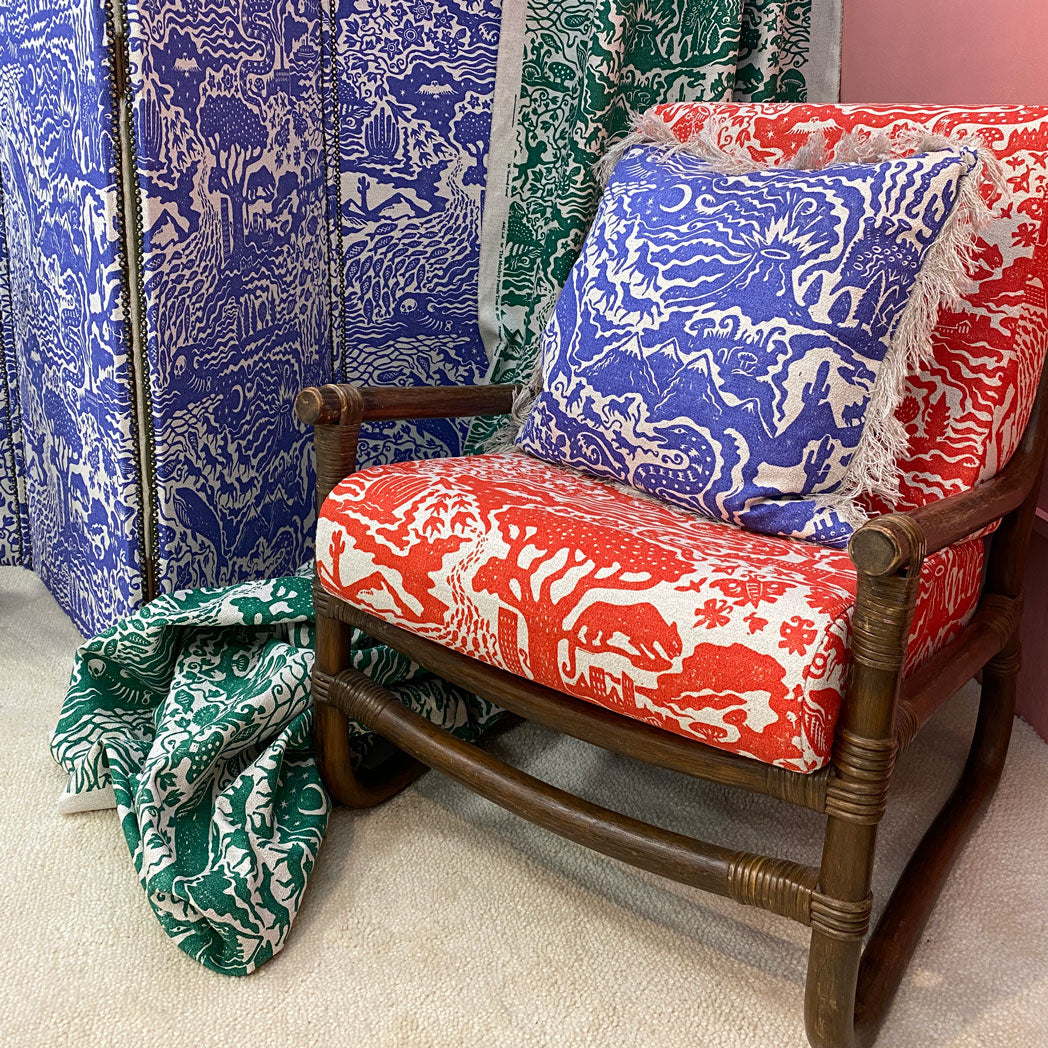 All Tomorrow's Futures Cushion - Ocean Blue with fringed edge