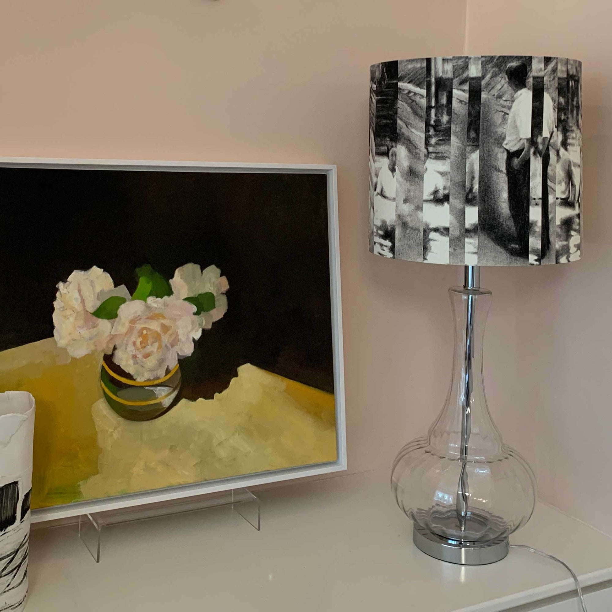 Table lamp with grey fabric lampshade at Wilson Contemporary art Gallery in Harrogate