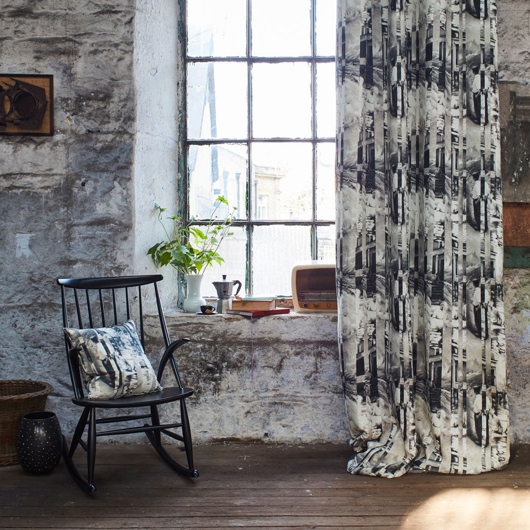 Abstract grey striped linen curtains drapes in rustic mill