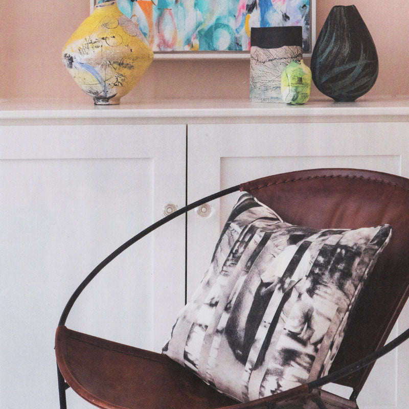 Between Certainty and Oblivion Linen cushion by Joel Weaver for The Monkey Puzzle Tree at Silson Contemporary. Photo by House Beautiful