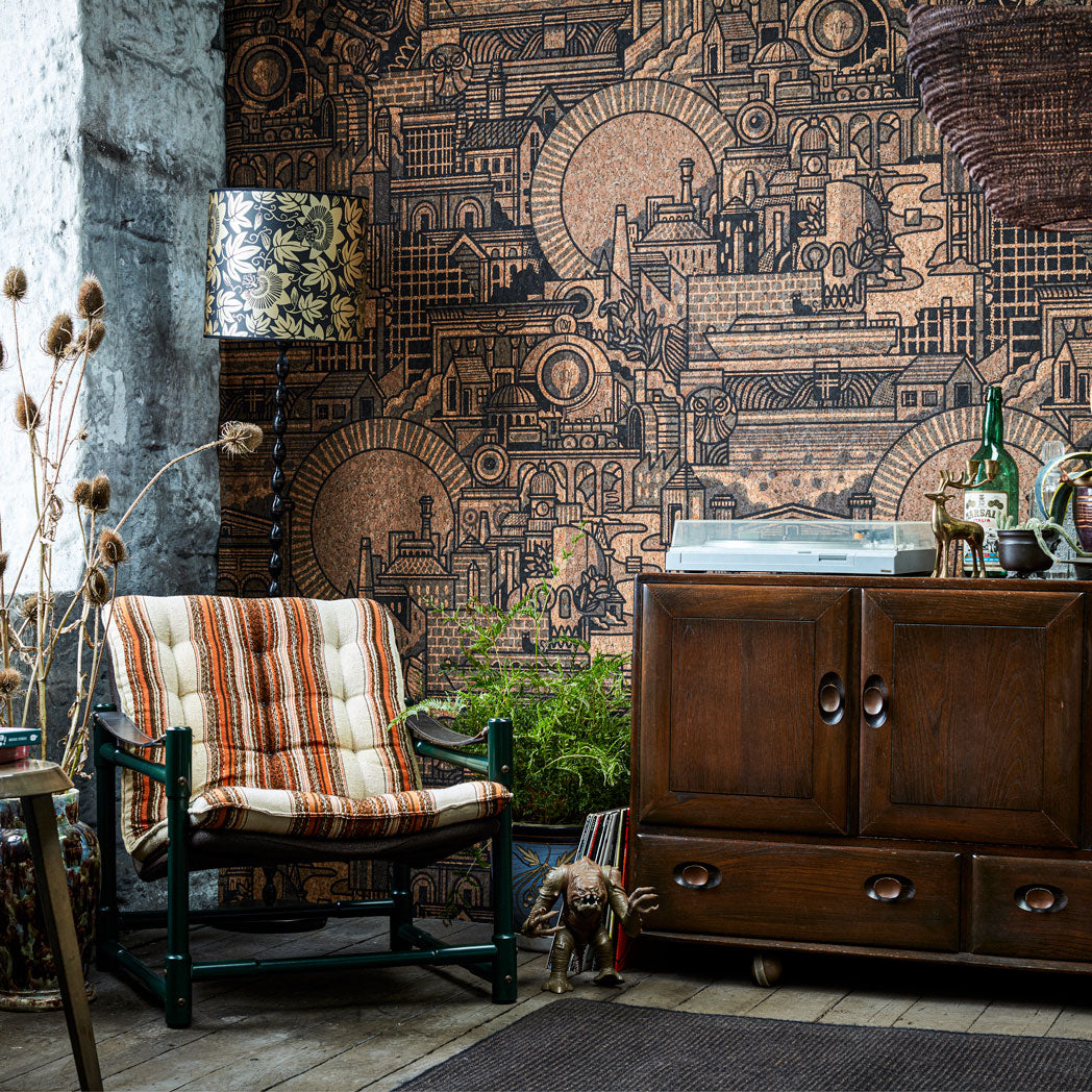 Hit the North printed real cork wallpaper by Drew Millward for the Monkey Puzzle Tree as see on Your Home Made Perfect lifestyle
