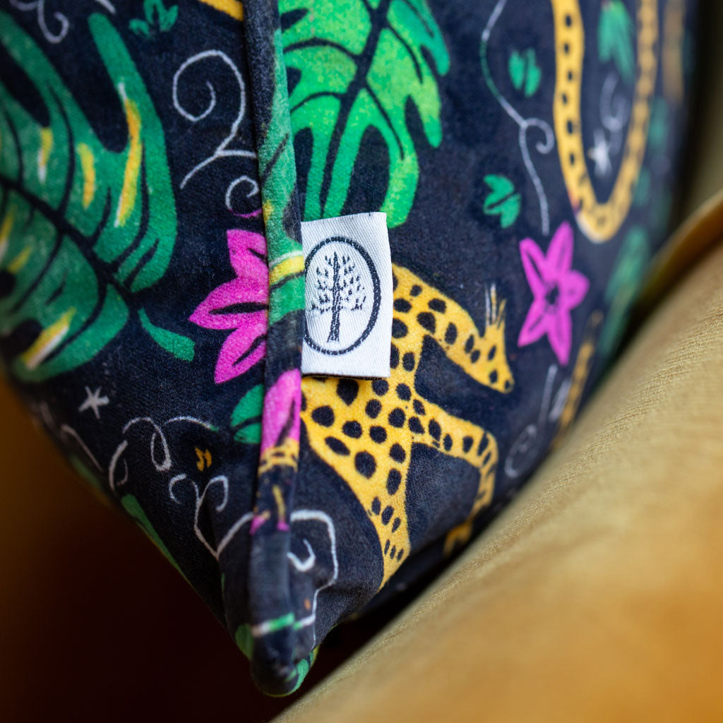 How the Leopard got His Spots velvet cushion label detail by The Monkey Puzzle Tree