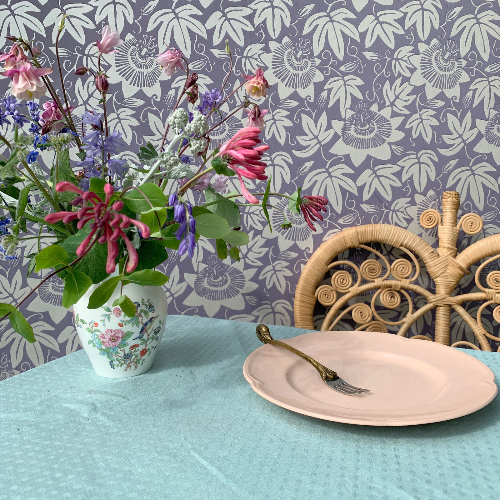 Lilac and silver Passion flower wallpaper by The Monkey Puzzle Tree table setting