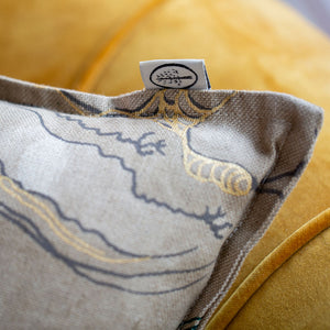 Label detail on Metamorphosis Cushion by The Monkey Puzzle Tree