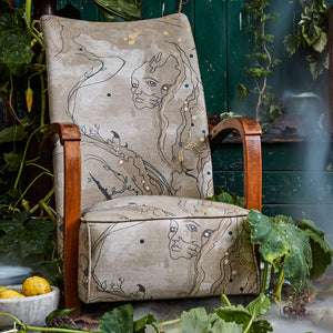 Metamorphosis linen union fabric vintage chair upholstery by The Monkey Puzzle Tree