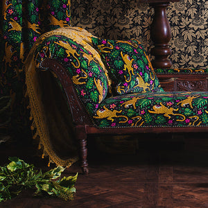 How the Leopard got his Spots velvet and Passion Flower Wallpaper by The Monkey Puzzle Tree Maximalist scene with chaise lounge