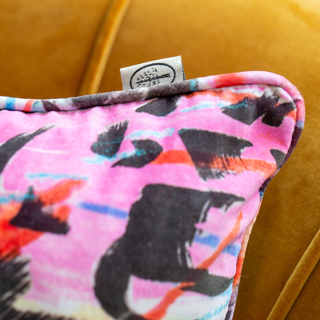 Rita does Jazz velvet cushion label detail by The Monkey Puzzle Tree