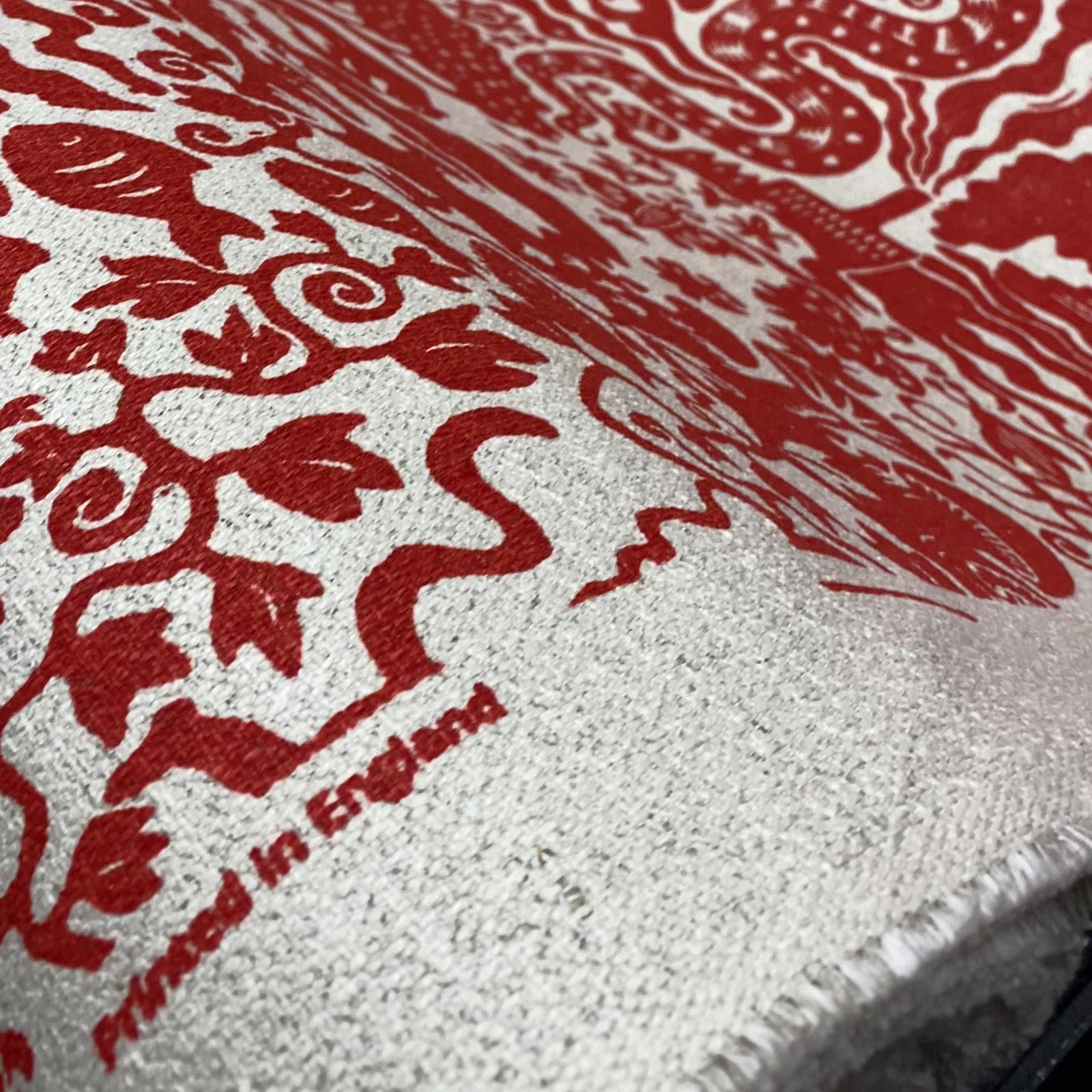 Orange red linen cotton fabric with toile de jouy print