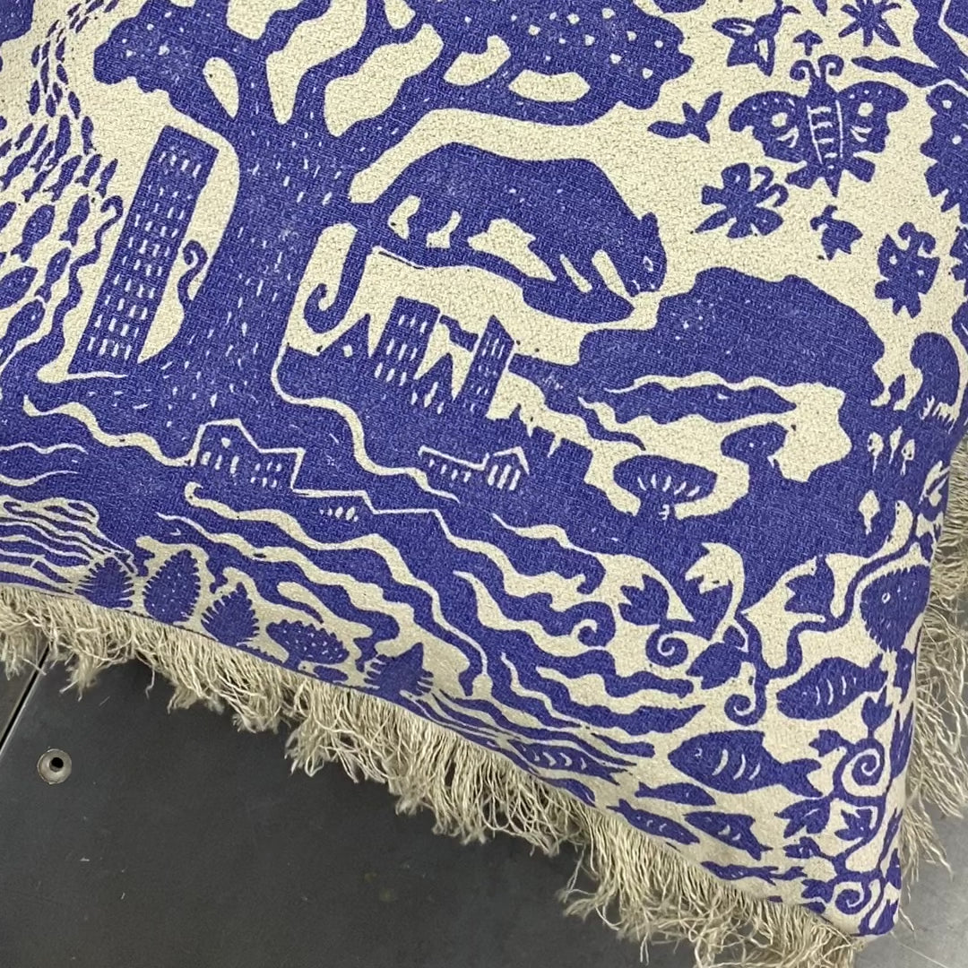 Blue toile de jouy fringed cushion